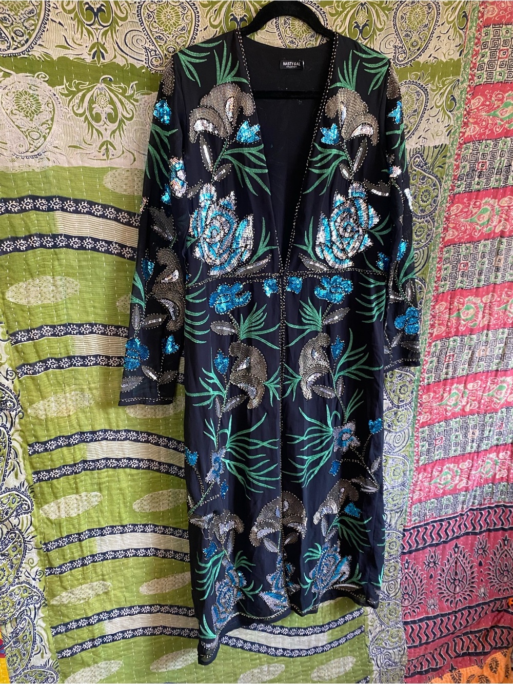 Rare Nasty Gal Black Embellished Sequin Floral Longline Kimoo Duster Small Edgy - Picture 4 of 15